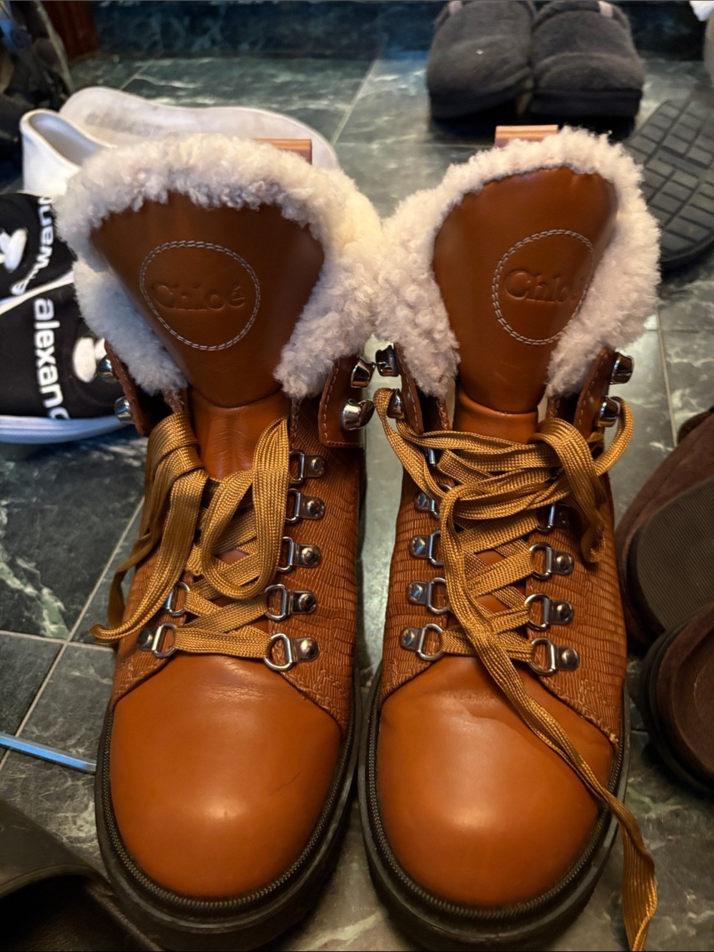 Chloé Cognac Leather Lace-Up Shearling Hiking Boots